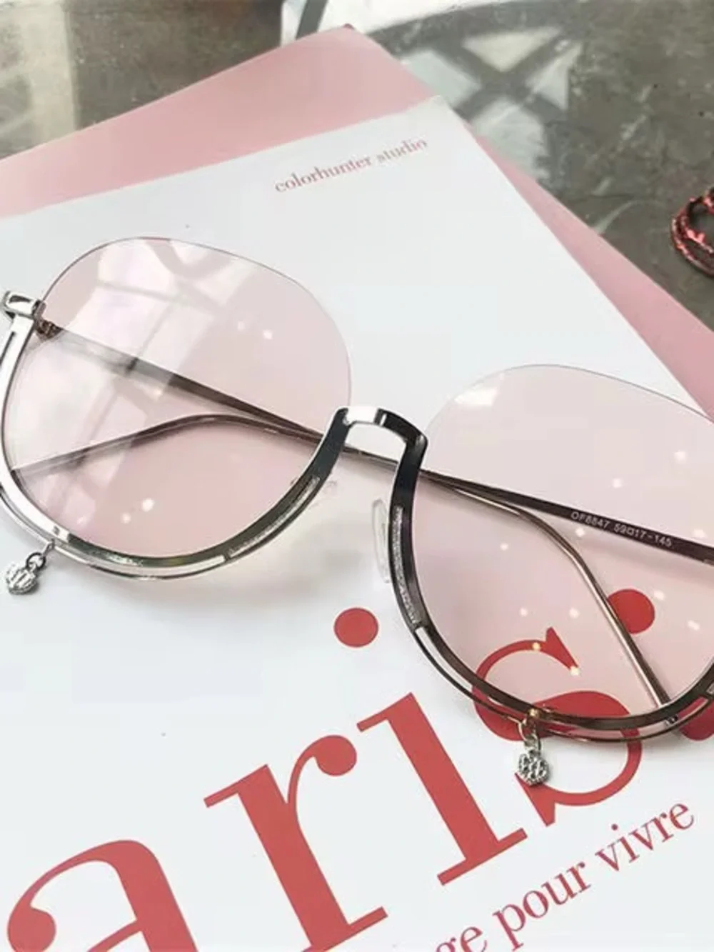 Round Pink Gradient Women's Sunglasses with Charm Accent